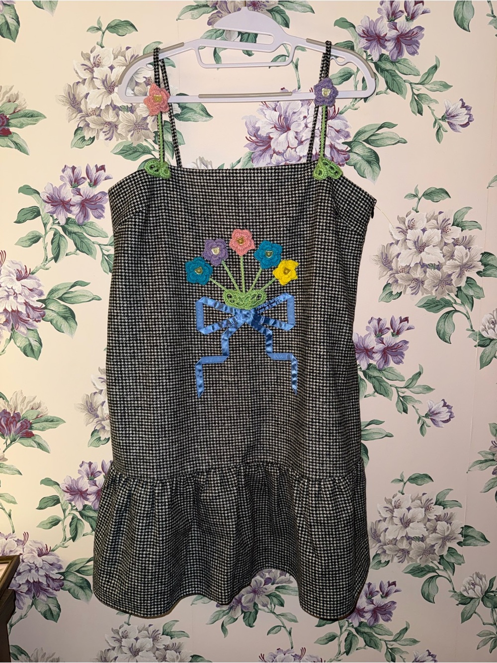 Teddy Fresh Black & White Check Spaghetti Dress with Colorful Crochet Flowers